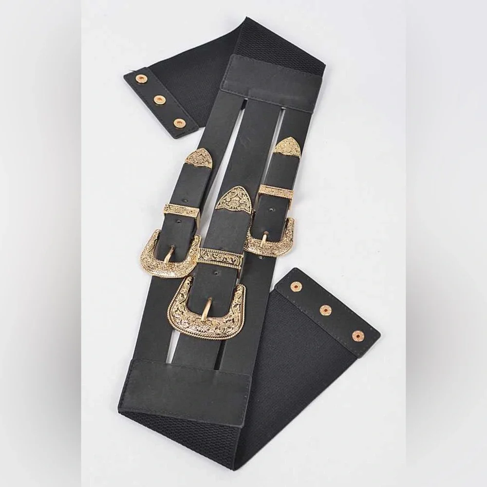 Western Triple Buckle Vegan Leather Elastic Statement Belt
